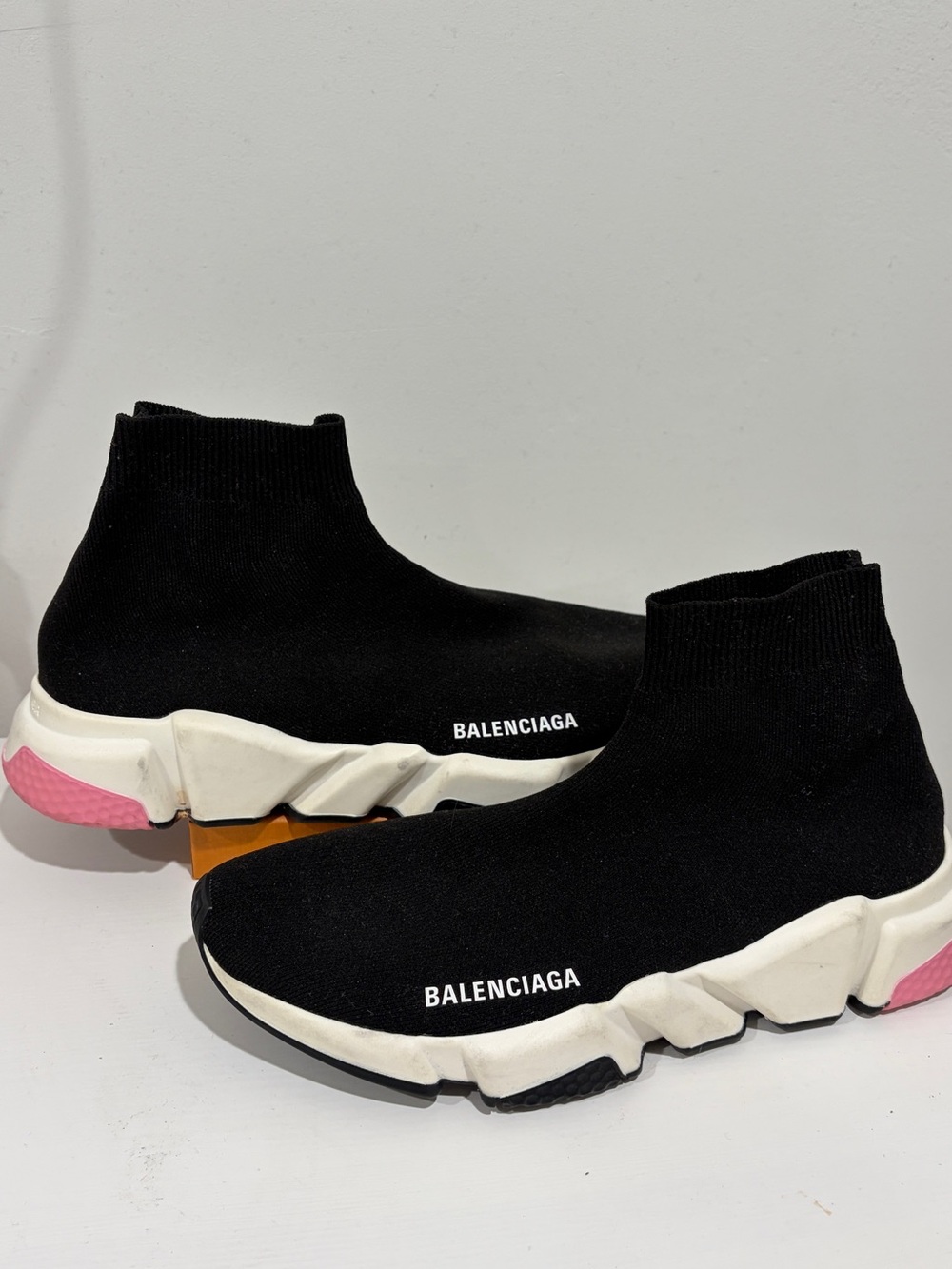 Balenciaga Women Speed Sneaker Black and White with Pink Detail Size 10